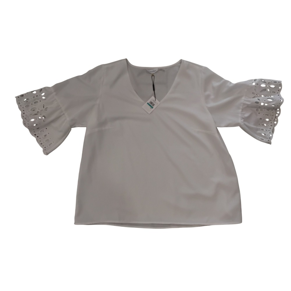 Calvin Klein White Eyelet Sleeve V Neck Blouse Top Plus Size‎ 0X